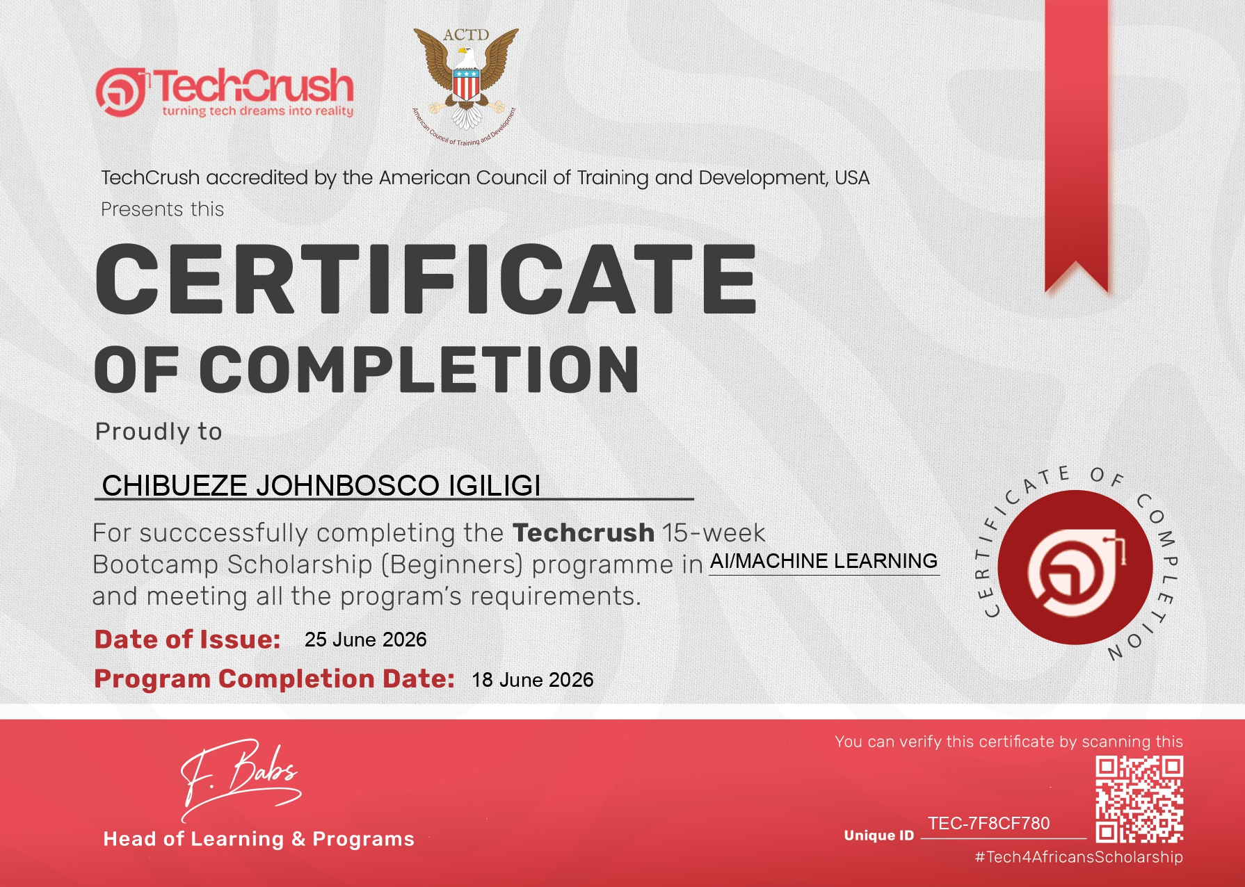 Chibueze Igiligi - TechCrush AI/ML Certificate